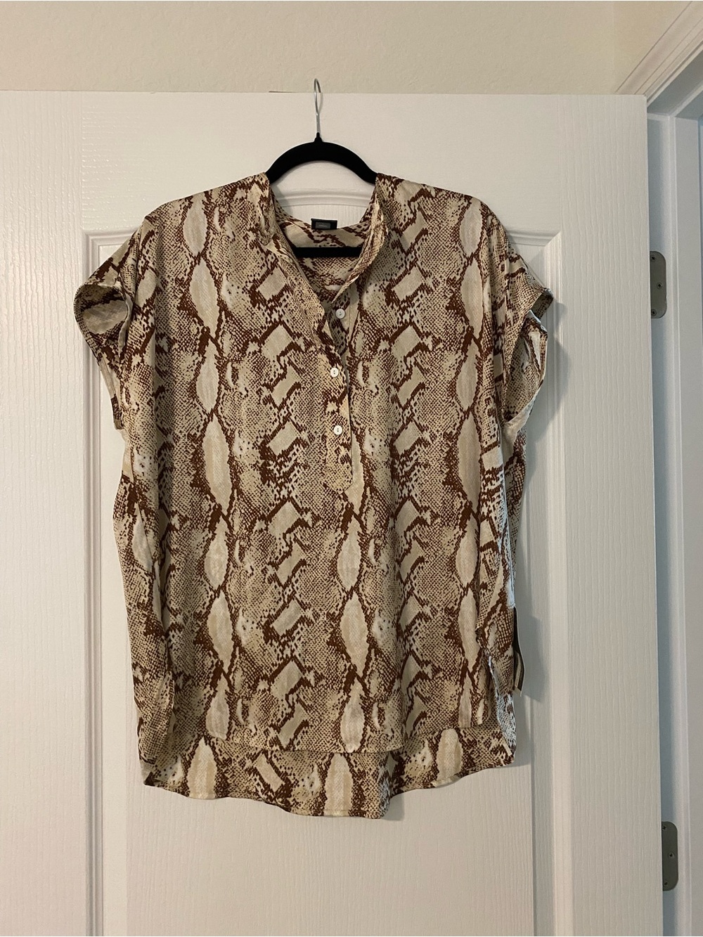 Button-Front Snake Print Blouse in Brown and Cream